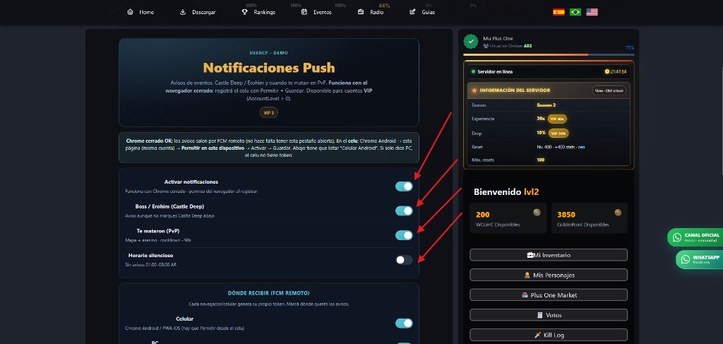 Opciones de notificaciones